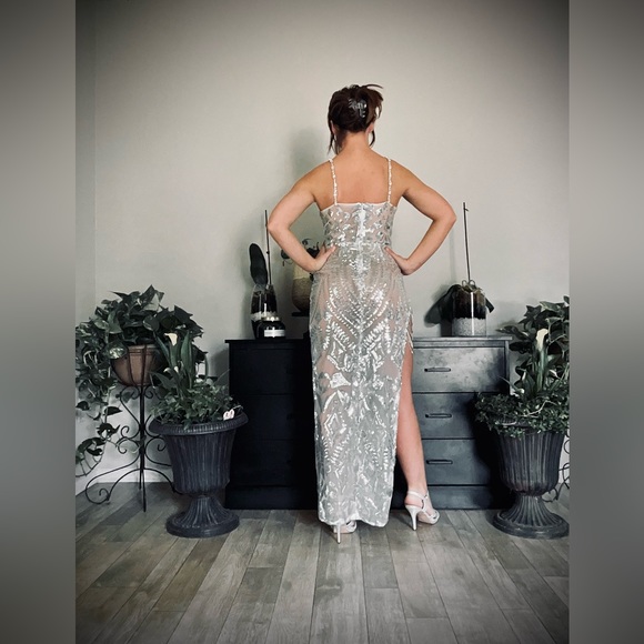 Prom Girl | Silver Rhinestone Embellished High Leg Slit Prom Dress Evening Gown - Picture 10 of 16